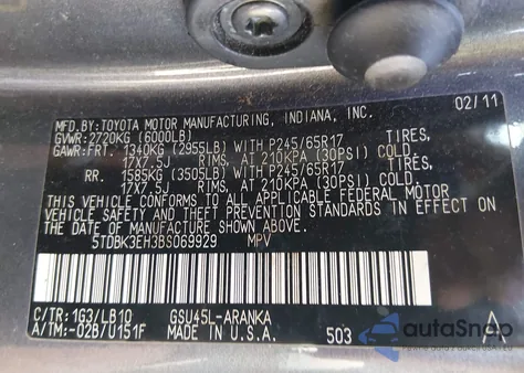 2011 Toyota Highlander Se V6 из США, поврежденный, VIN 5TDBK3EH3BS069929